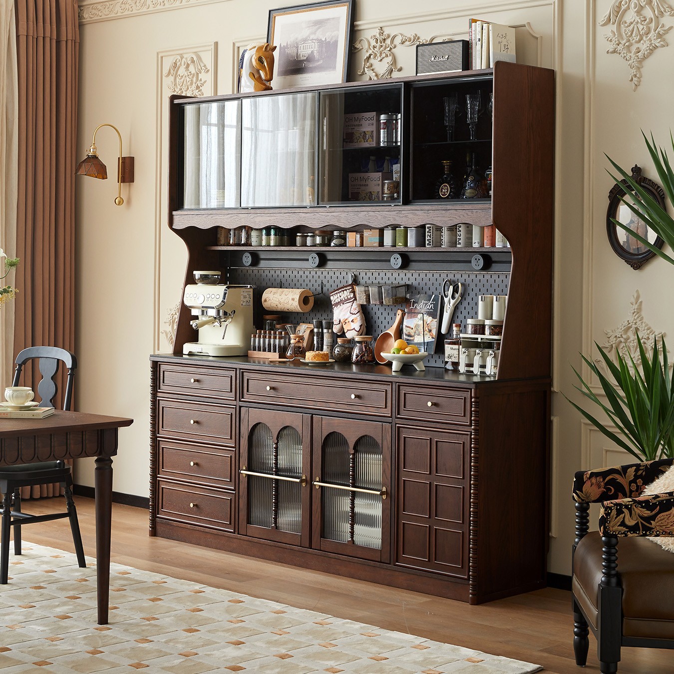 French Retro Solid Wood Sideboard Red Oak Storage Cabinet Home Living Room Wall-Mounted Integrated Coffee Cabinet Tea Cabinet