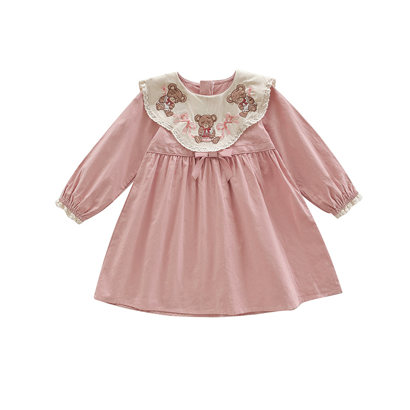 2024 otoño muñeca collar arco algodón falda de los niños Ropa de los niños de estilo coreano ropa resistente retro oso vestido de niña