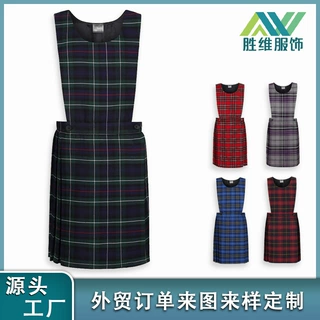 跨境外单格纹无袖连衣裙学校服定制服学院风学生格子裙背心百褶裙