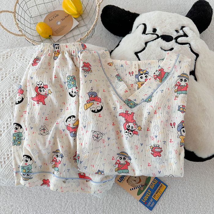 Vietnam transfronterizo transmisión en vivo estilo caliente verano con cuello en V nube pijamas de algodón pantalones de manga corta para mujer traje de servicio a domicilio para estudiantes de dibujos animados
