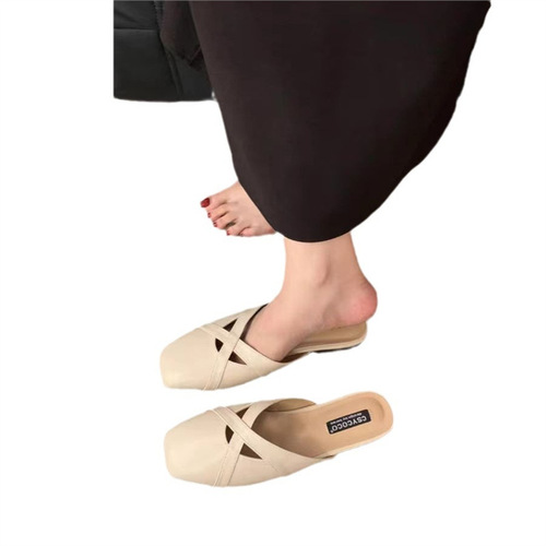 French style bow head sandals women's retro versatile square head Korean version cross belt shallow mouth back empty bow head half drag 