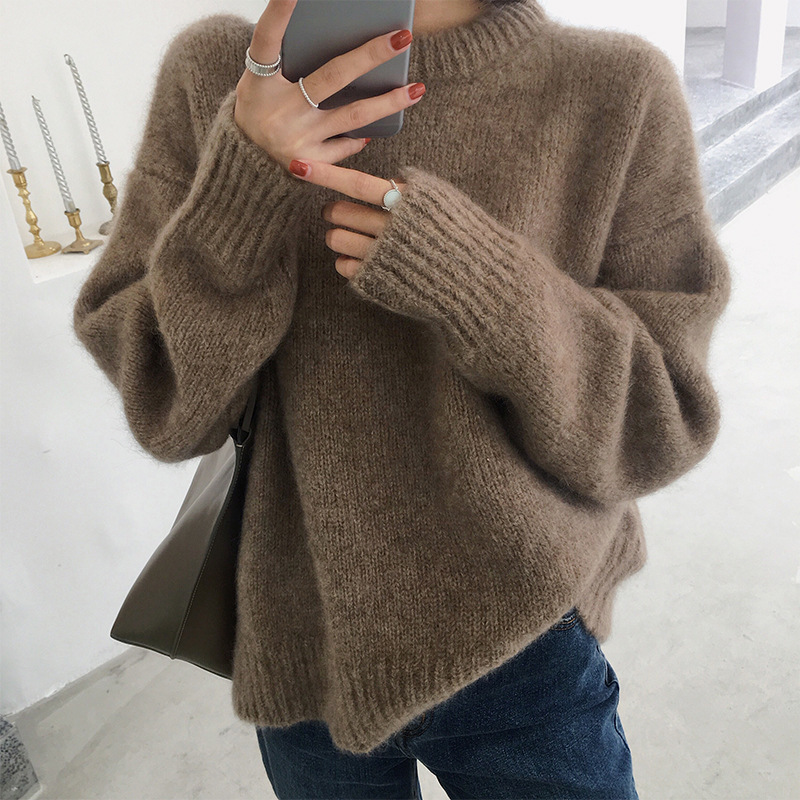 欧美跨境纯色毛衣女2025秋冬新款季复古宽松内搭套头针织外穿上衣|undefined