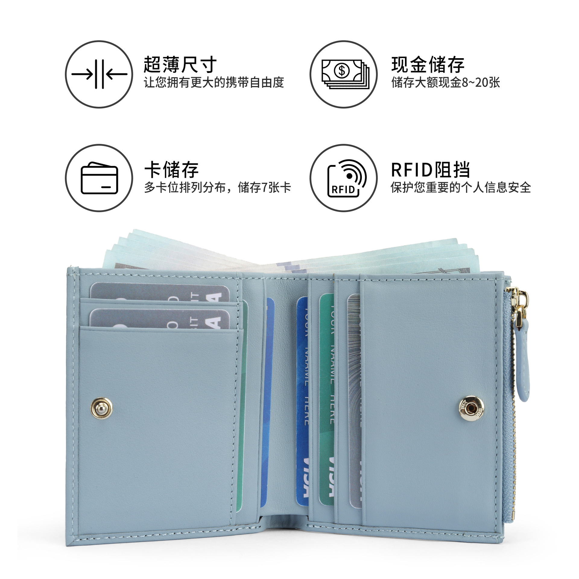 Amazon estilo japonés Napa billetera de cuero multifuncional mini bolsa de cambio ultra delgada cepillo RFID anti-robo billetera de damas