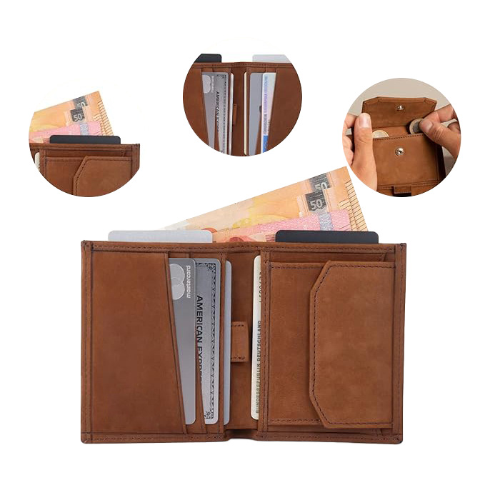 Cartera de cuero multifuncional personalizada RFID anti-robo para hombres cartera de multi-tarjeta doble doble retro Crazy Horse Skin Cartera