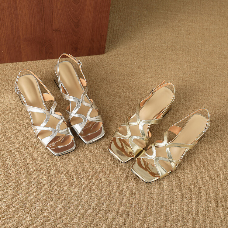 Sandal cao gót nữ da thật mũi vuông hở mũi gót thô 9 cm — Màu vàng, Màu bạc chi tiết 31