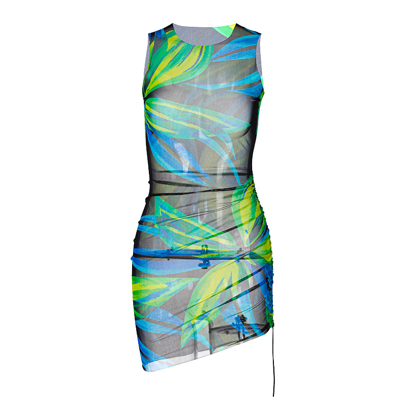 Round Neck Mesh See-Through Print Drawstring Sleeveless Dress NSKKB112036