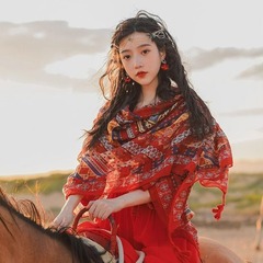 大红色拍照棉麻围巾沙漠防晒披肩海边旅游沙滩青海茶卡盐湖纱巾女