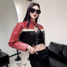 2025皮衣外套撞色拼接PU皮露腰短款女式辣妹立领定制打版辣妹风