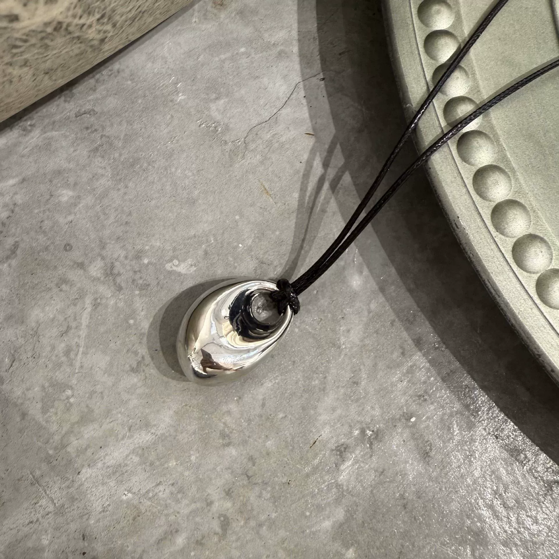 Pendant Necklace, Stainless Steel & Leather Rope, Burgundy/Black/Silver, 7 cm Pendant