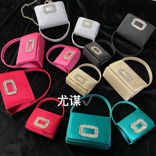 French shiny diamond square buckle small square bag banquet rhinestone silk mini coin purse hand-held crossbody bag for women
