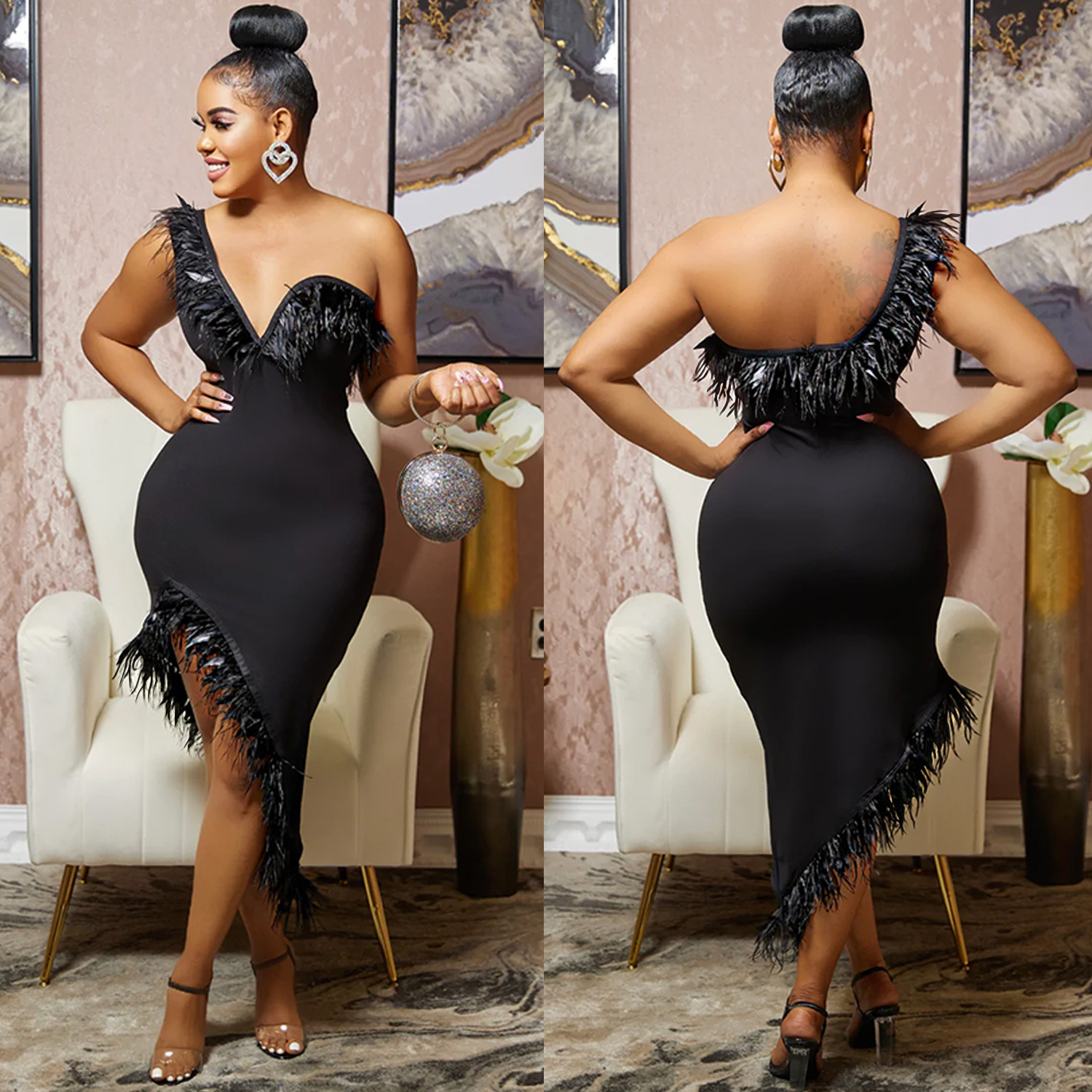 Abito da sera di Capodanno da donna in tinta unita con scollo a V, senza maniche, gonna a portafoglio e piume irregolari_voghion.com