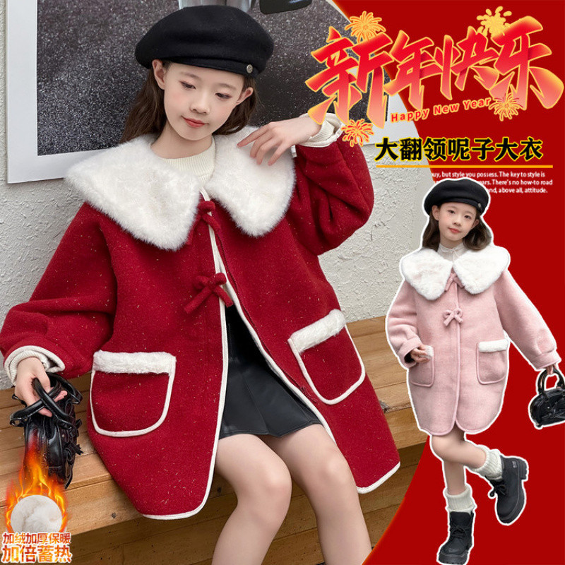 Zhili children's clothing girls' winter coat, Korean style, bow, mid-length, warm, turn-down collar woolen coat, Chanel style
