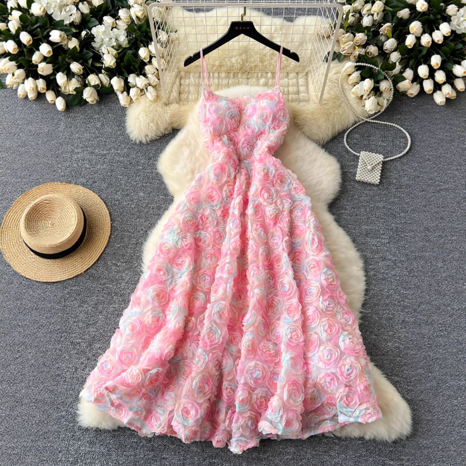 跨境高端名媛小洋装女晚宴派对礼服重工立体玫瑰花朵收腰吊带连衣