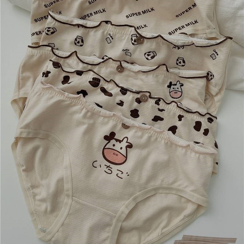 Japanese Style Cute Cartoon Cow Printing Pure Sweet Girl Student Cotton Crotch Women's Mid-Waist Briefs Women