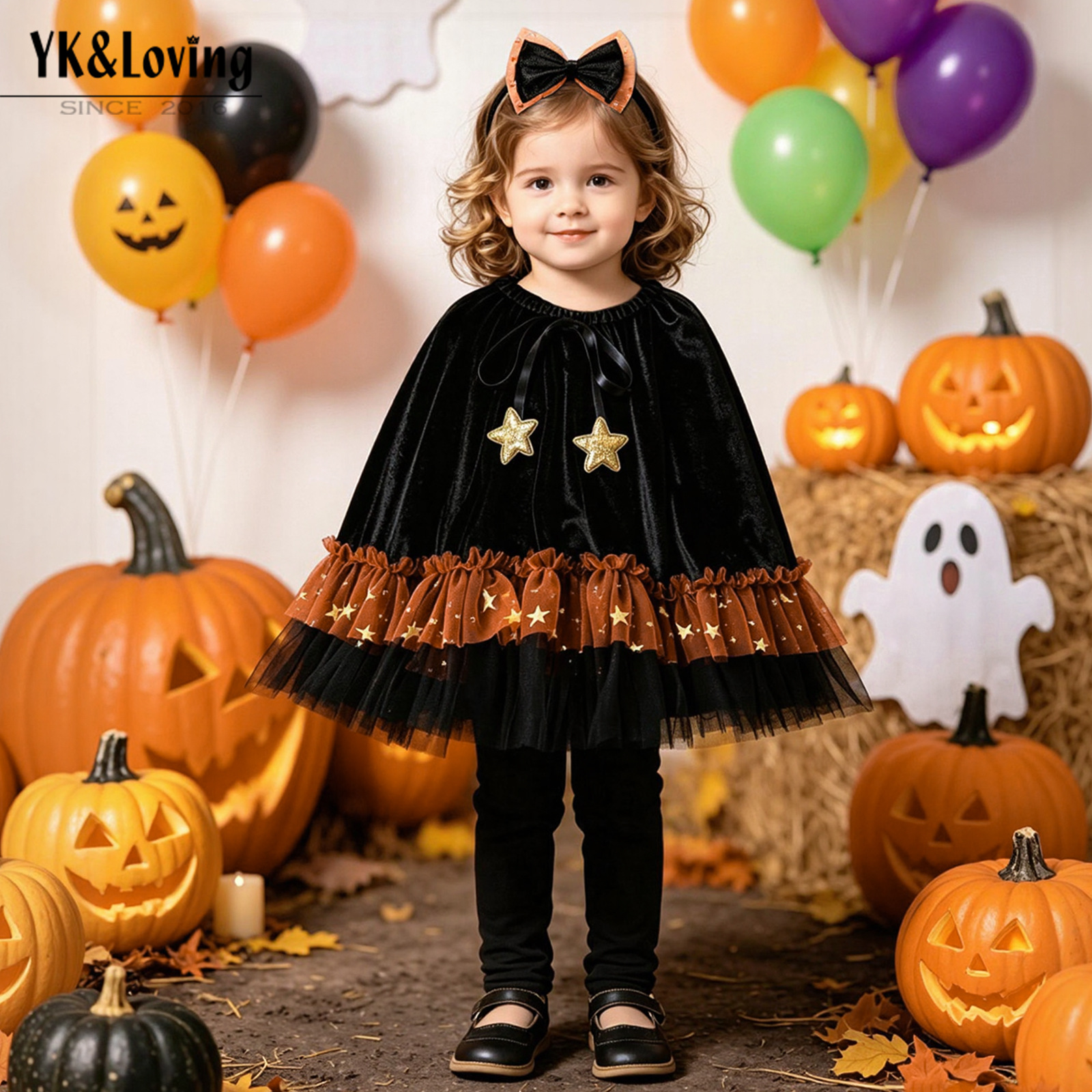 Cross-Border Girls' Star Shawl Velvet Cape Two-Piece Set Halloween Themed Baby Holiday Party Photo Dress