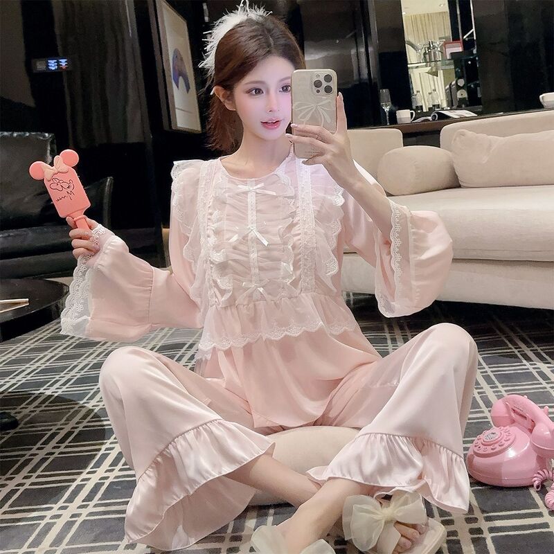 Popular French-Style Court-Style Long-Sleeve Ice Silk Pajamas for Women, Spring and Autumn Pure Desire Lace Loungewear Set Popular French-Style Court-Style Long-Sleeve Ice Silk Pajamas for Women, Spring and Autumn Pure Desire Lace Loungewear Set