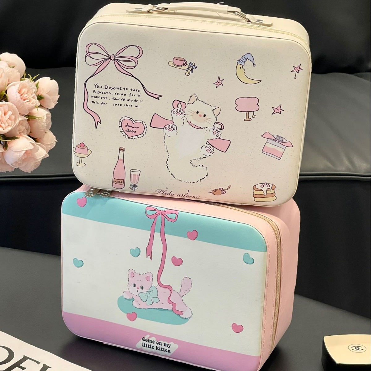 Caja de maquillaje de cachorro de corazón de niña con impresión linda original, bolsa de maquillaje portátil de gran capacidad con espejo, caja de almacenamiento portátil