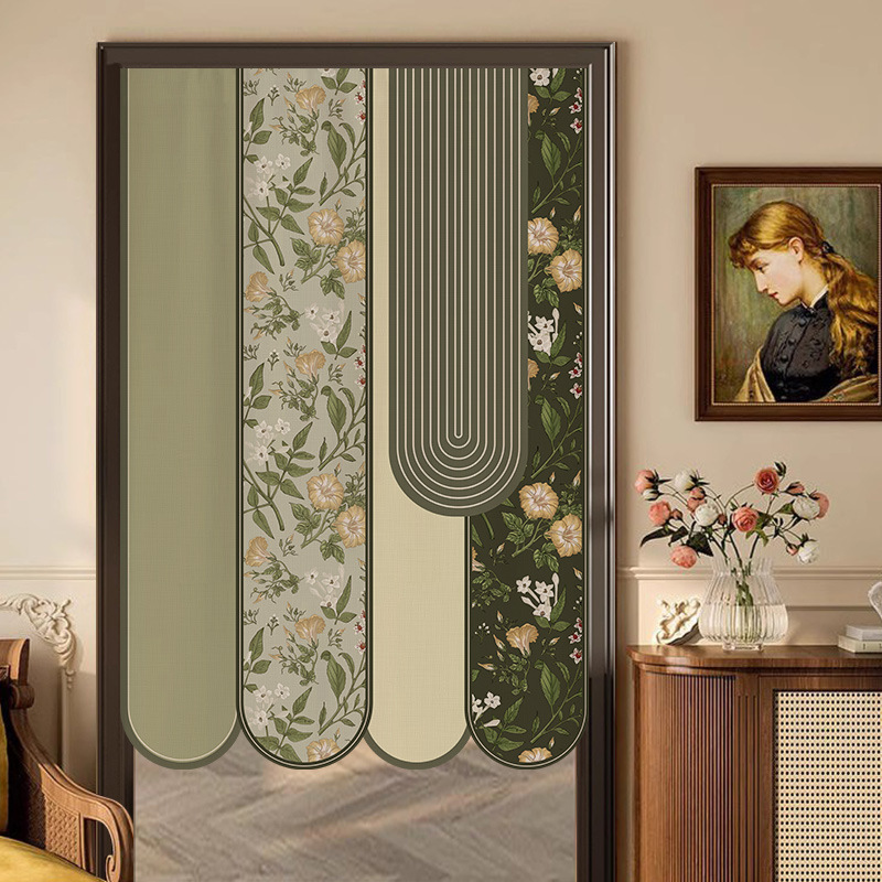 Retro Style Door Curtain Partition Curtain Home Bedroom Room Cloth Curtain Punch-Free Kitchen Bathroom Curtain Half Curtain