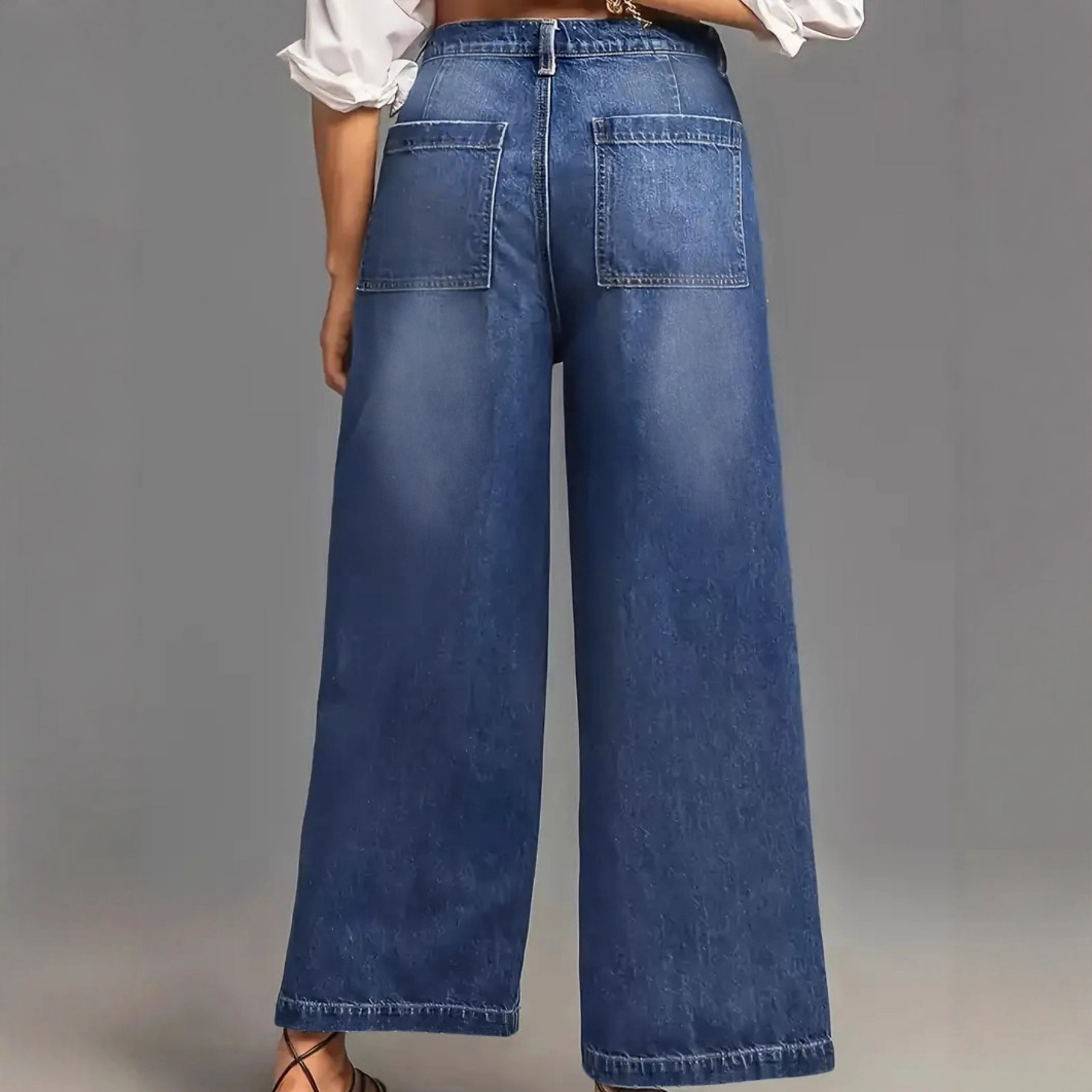 Women's Clothing Mid-Rise Wide Leg Jeans Retro Washed Cuffs Frayed Hem Slanted Pockets Cropped Length Denim_ecoleips.com