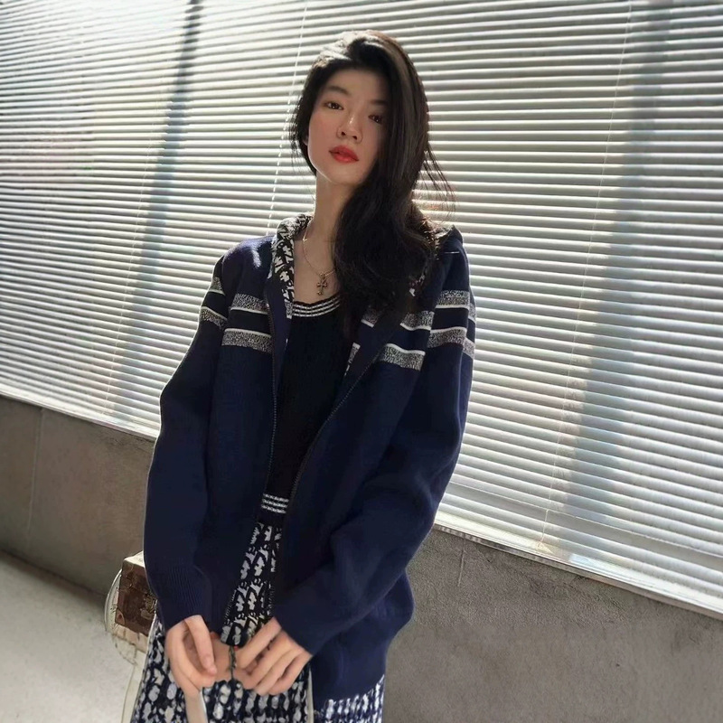High-End Hooded Reversible Loose Zipper Letter Jacquard Celebrity Style Unisex Couple Knit Jacket for Women in Autumn
