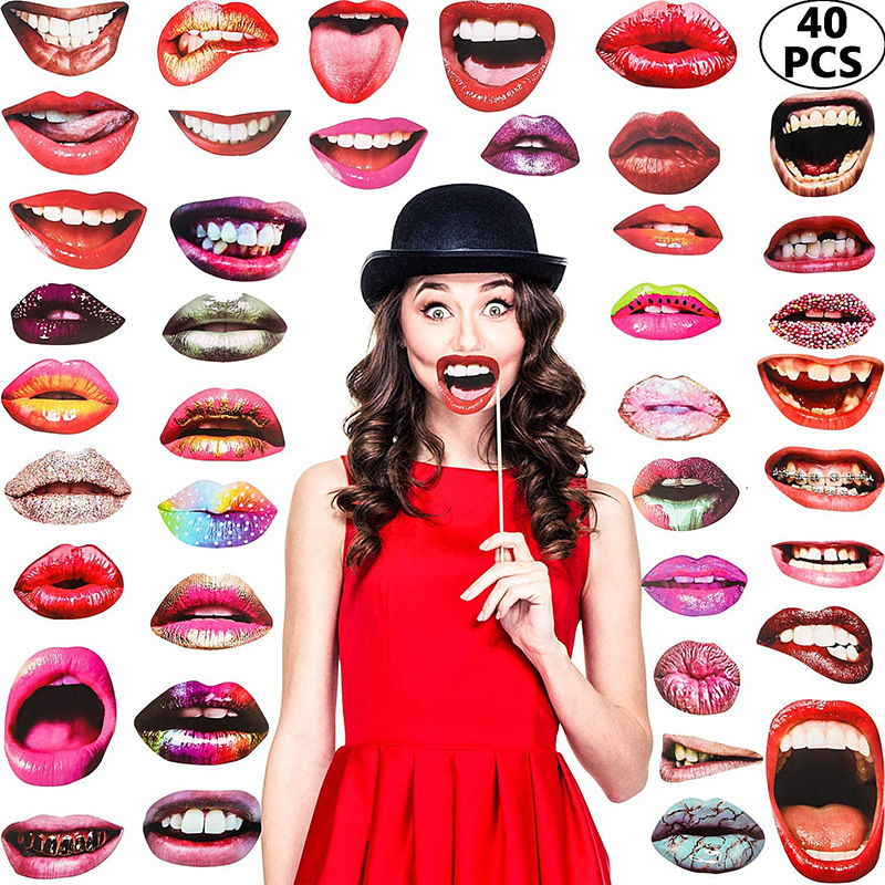 Divertido Set de 20 Accesorios para Fotos con Forma de Boca, Varias Formas de Boca, Labios, Dientes Dorados, Cubiertas para Dientes image 1