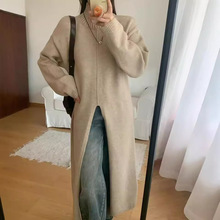 设计感针织毛衣女秋冬新款韩版宽松慵懒风开叉简约百搭软糯连衣裙