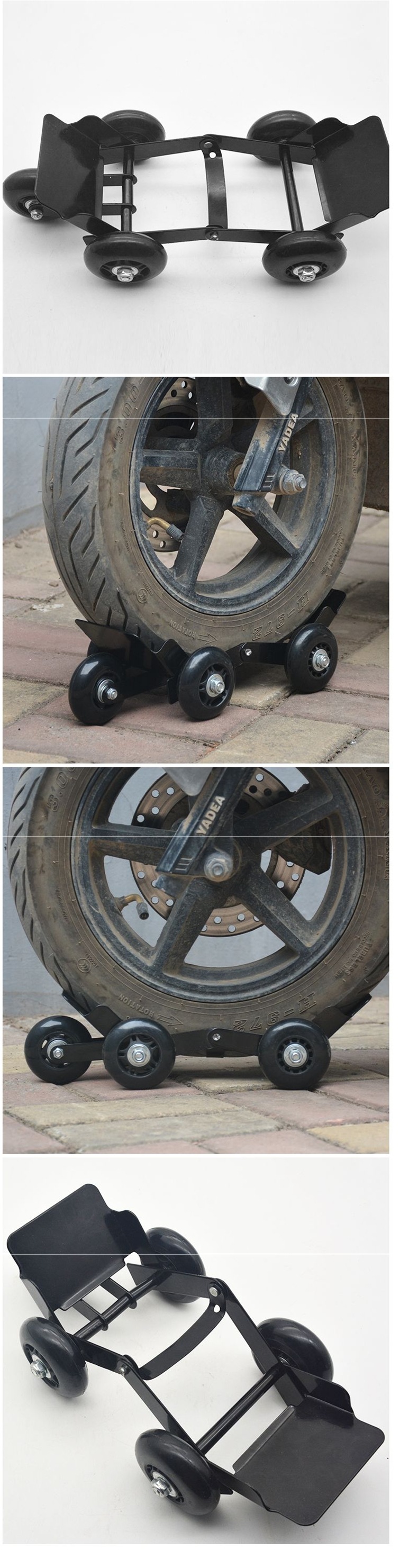 Electric motorcycle trailer, car towing device, emergency swivel wheel, electric vehicle booster, assistance for pushing the car, and tire repair kit
