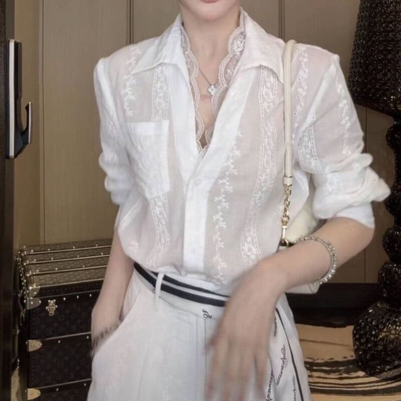 New French Lace Commuter Shirt Simple Korean Style Loose Creative Shirt for Young and Middle-Aged People 2025 Autumn
