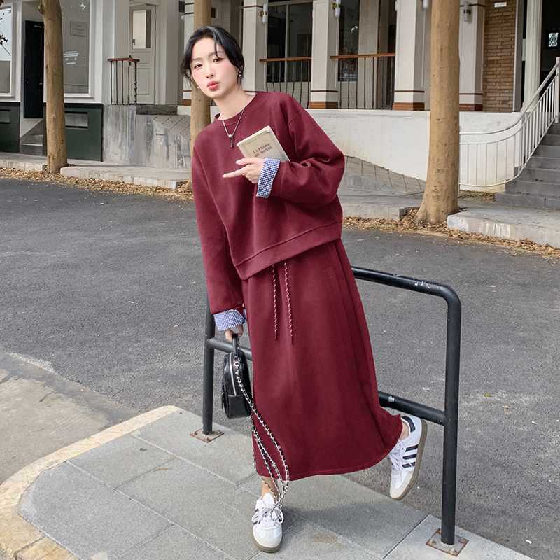藏青色高级感休闲卫衣套装裙女2025春季韩系宽松运动半身裙两件套|undefined