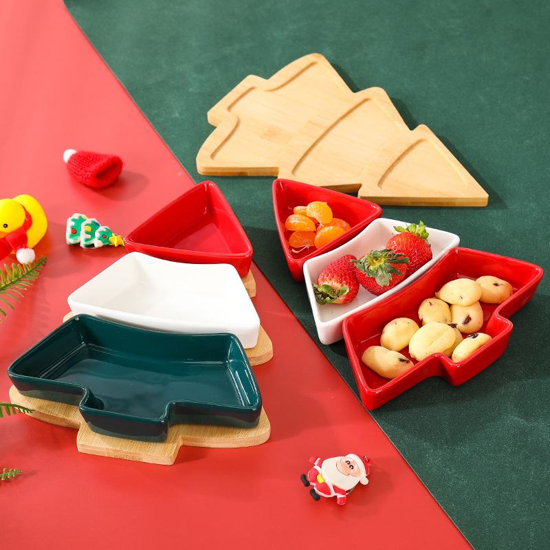 Creative universal with tray compartment snack plate dry fruit plate word Nordic style Christmas tree-shaped ceramic snack plate tableware