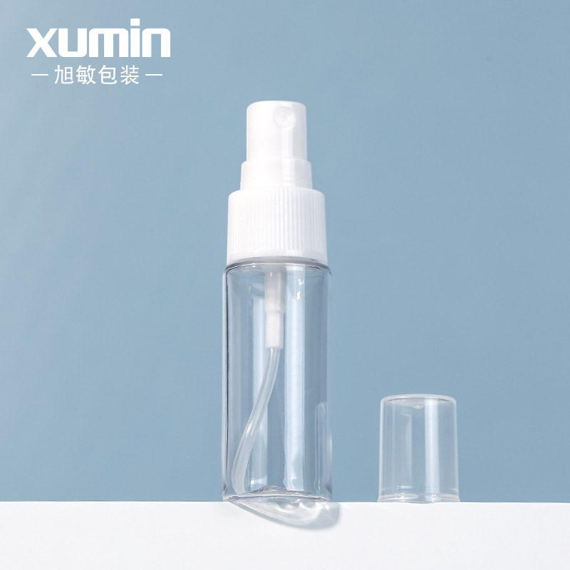 Xumin embalaje en stock 20ml transparente botella de spray para mascotas muestra blanca rayada sub-botella pequeña/botella de spray de tapa completa
