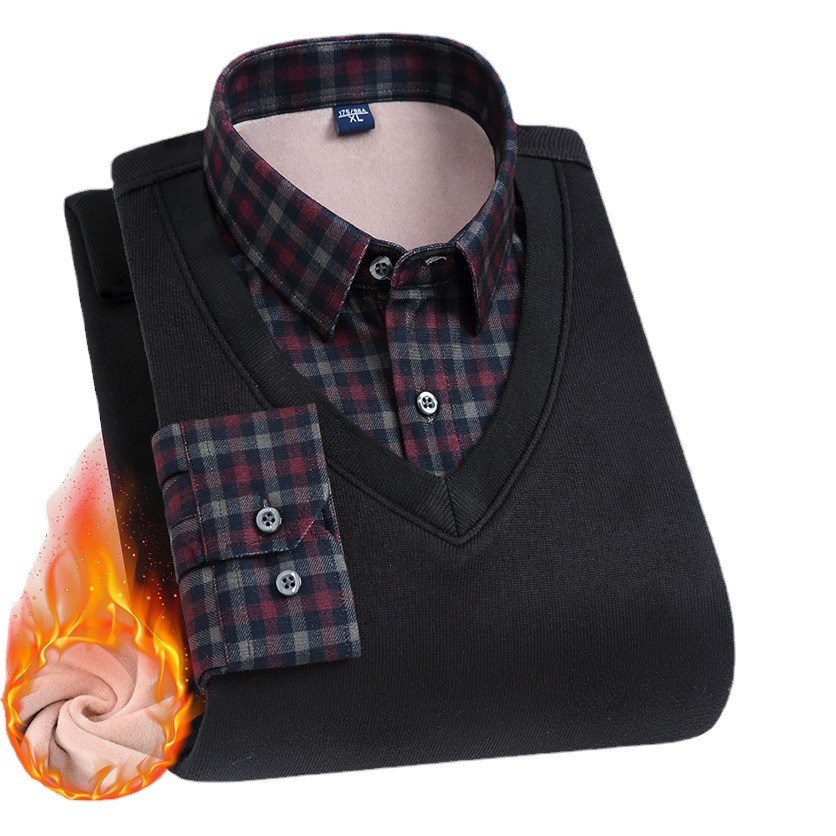 2022 Invierno contraste de color falso Chaleco de dos piezas camisa térmica de los hombres forrada de lana engrosada suéter de los hombres suéter casual CY
