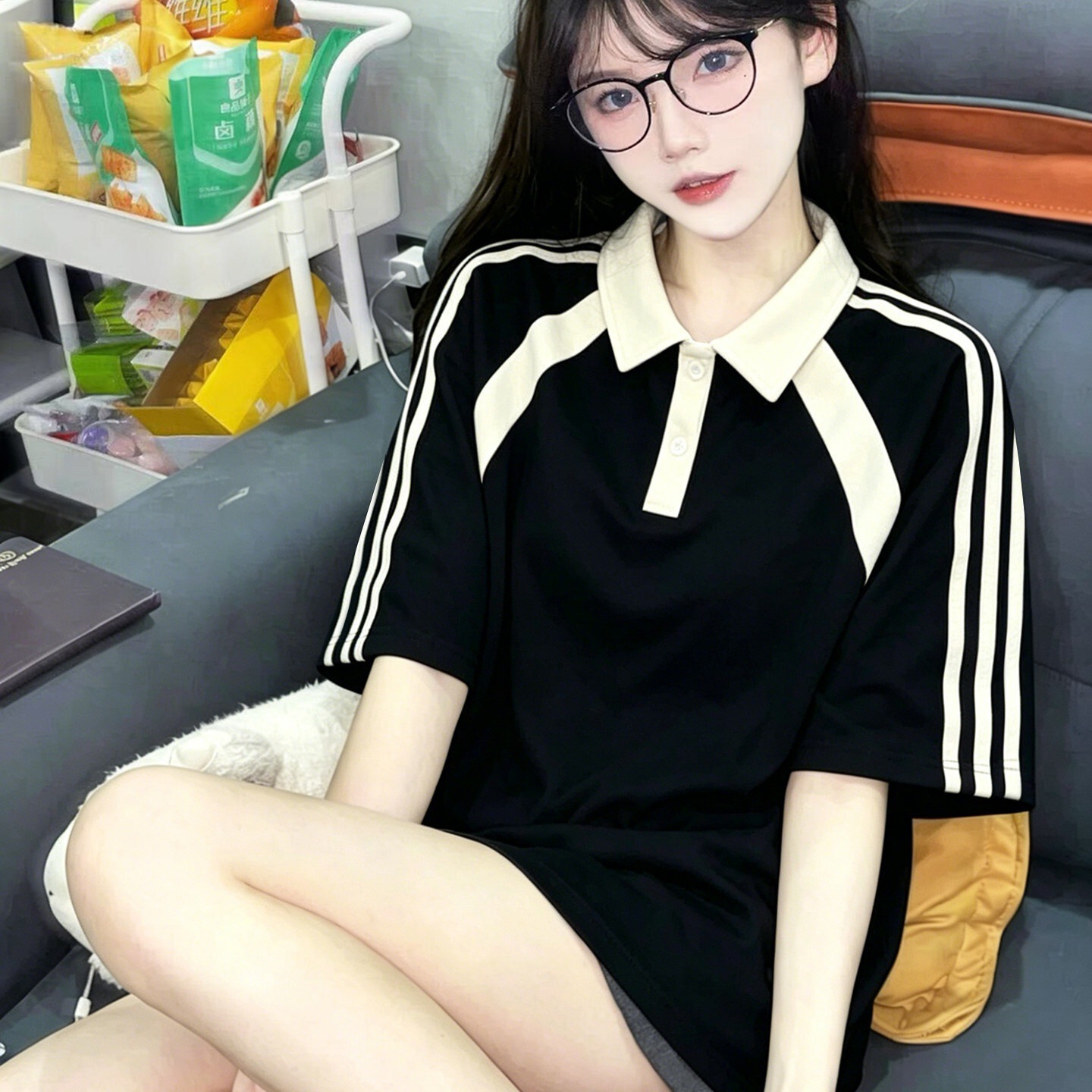 复古运动风撞色翻领纯棉短袖POLO衫女宽松学院风黑色百搭上衣T恤