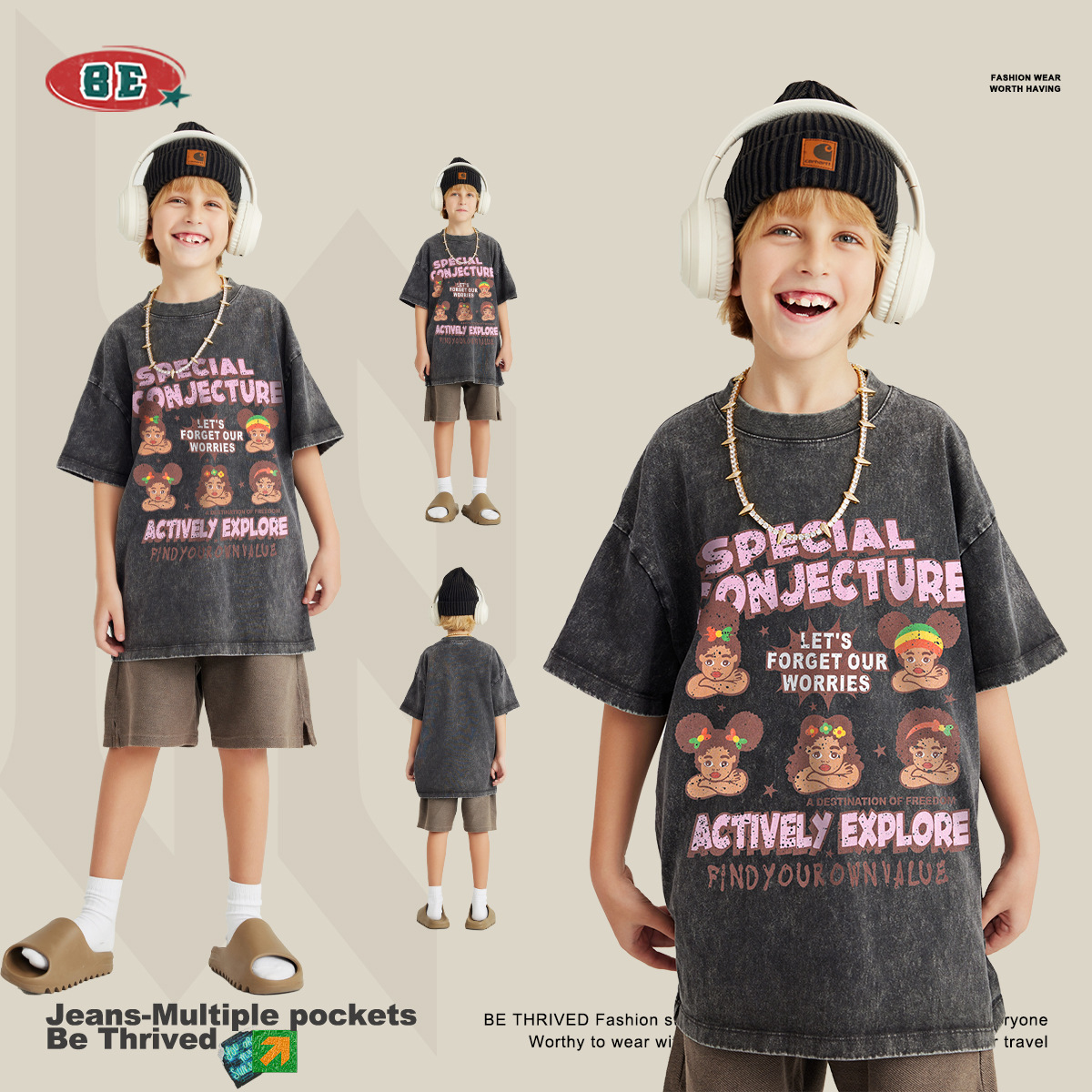 Ropa Infantil BE | Camiseta de Manga Corta para Niños, Estilo Lavado, Divertida, de Moda Urbana, Primavera/Verano 2025, para Niños, 100% Algodón