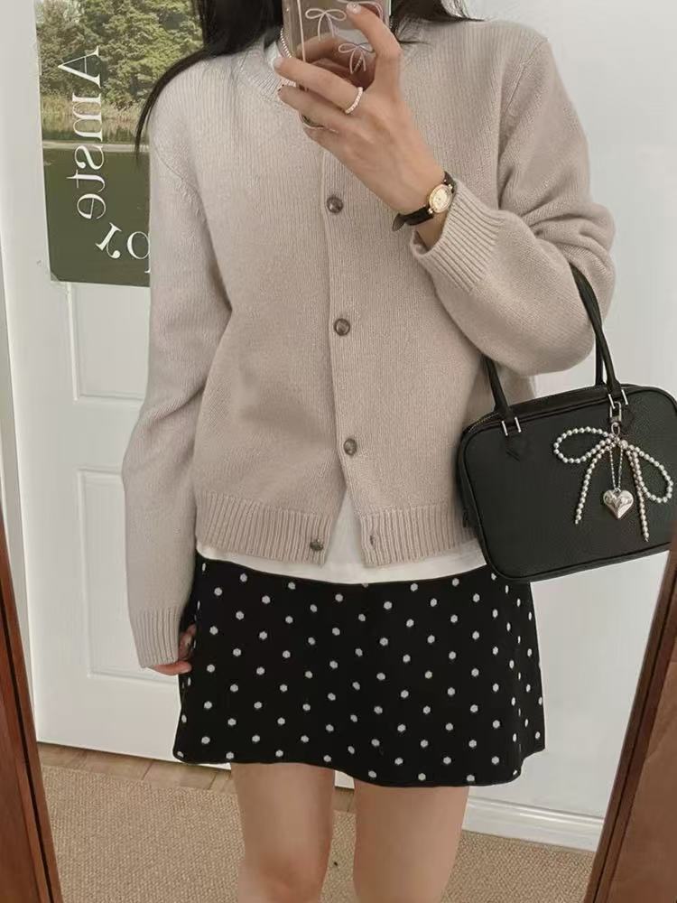Cárdigan Corto de Punto para Mujer de Acrílico con Cuello Redondo y Manga Larga para Otoño e Invierno