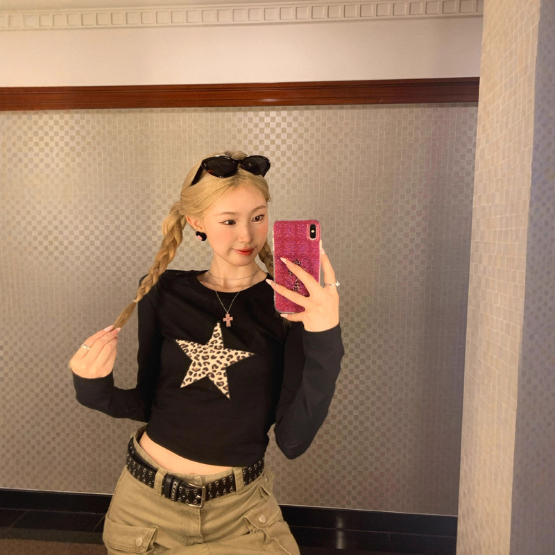 American Sexy Slim Black Patchwork Leopard Print Star Long-Sleeved T-Shirt for Women Autum Jazz Dance European and American Navel-Baring Short Style