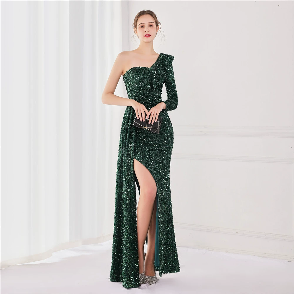 green evening gown Burgundy Sequins Mermaid Evening Dresses Sexy One Shoulder Side Split Formal Floor Length Vestido De Fiesta Prom Gown YSAN1424 formal evening gowns