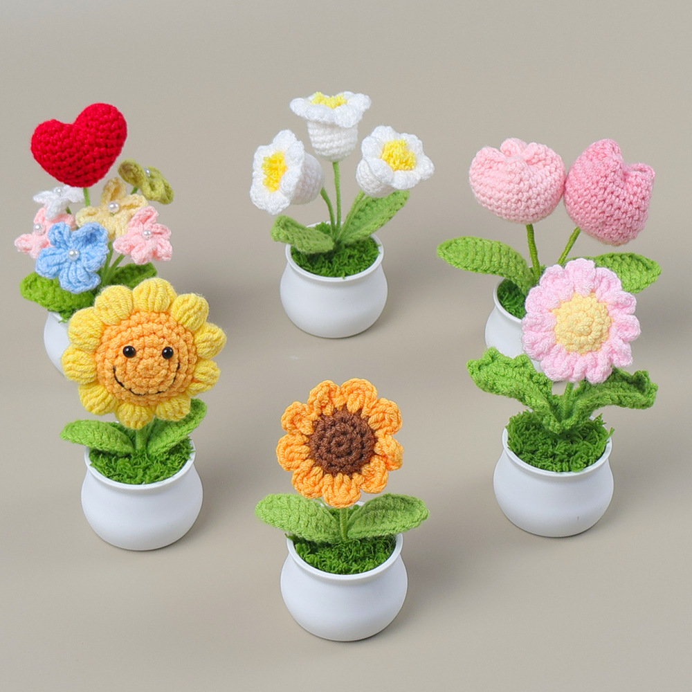 Finished Cross-Border Knitted Wool Sunflower Potted Little Sun Artificial Flower Small Ornaments Teacher's Day Graduation Season Gift