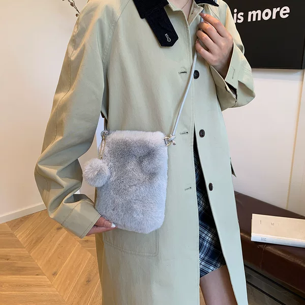 Autumn and winter plush phone bag, mini fluffy crossbody phone bag, Korean style versatile cute pom-pom shoulder bag