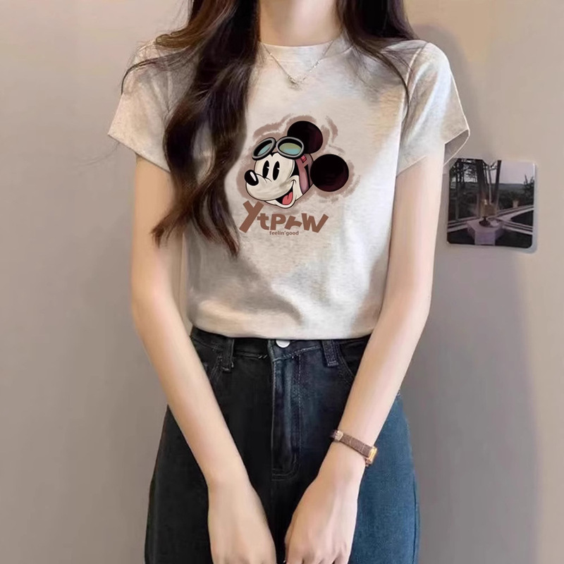 2025 New Summer Style Right Shoulder Cartoon Mickey Letter Short-Sleeved T-Shirt Women's Age-Reducing Versatile Cute Casual Top T-Shirt