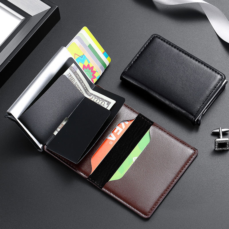 Cepillo antirrobo RFID automático titular de la tarjeta de crédito caja de metal de aluminio posición multi-tarjeta de los hombres bolsa de plata titular de la tarjeta