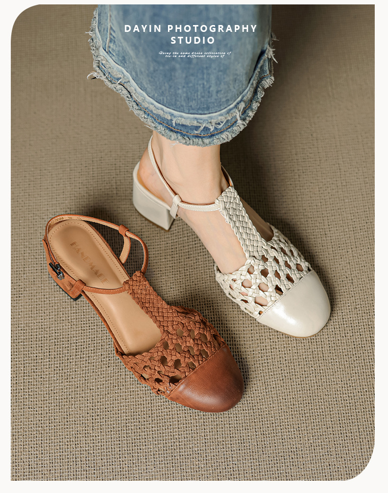 Sandal nữ quai ngang gót thô 5 cm, dây đan kiểu La Mã — màu nâu chi tiết 1