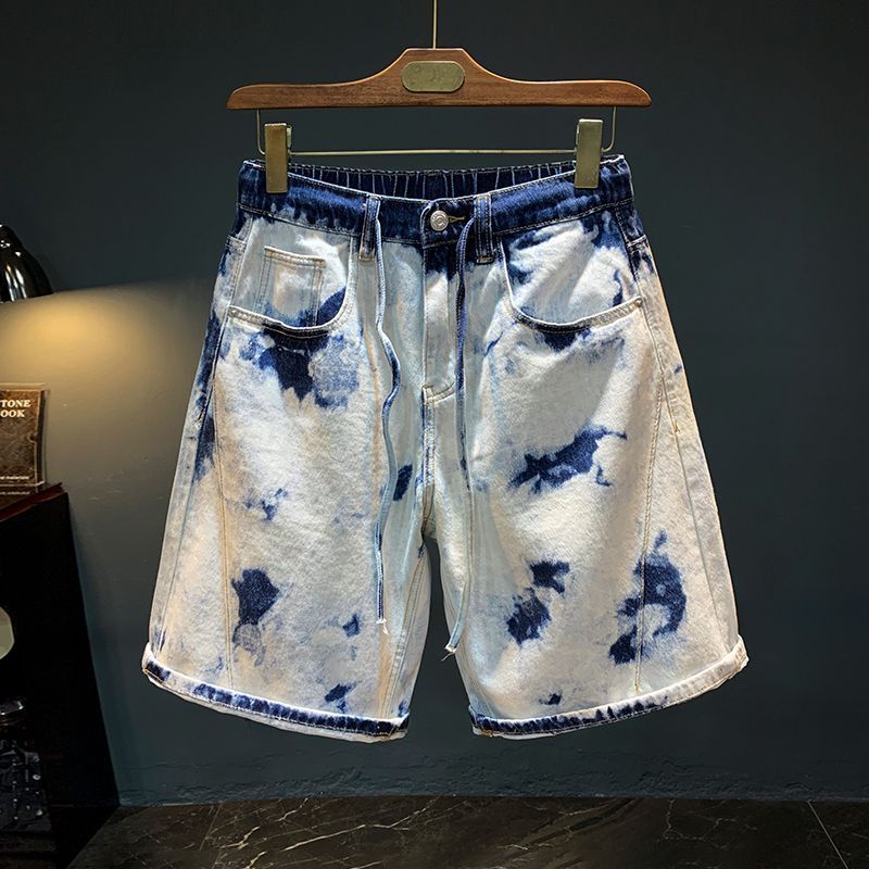 Men's Clothing Fashion Denim Shorts Men's Summer Thin Loose Snowflake Color Camouflage Blue Shorts Tie Washed And Worn Elastic Shorts_mkmklike.com
