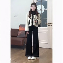 入冬一整套女装新款韩版休闲气质感短款外套高腰牛仔裤两件套