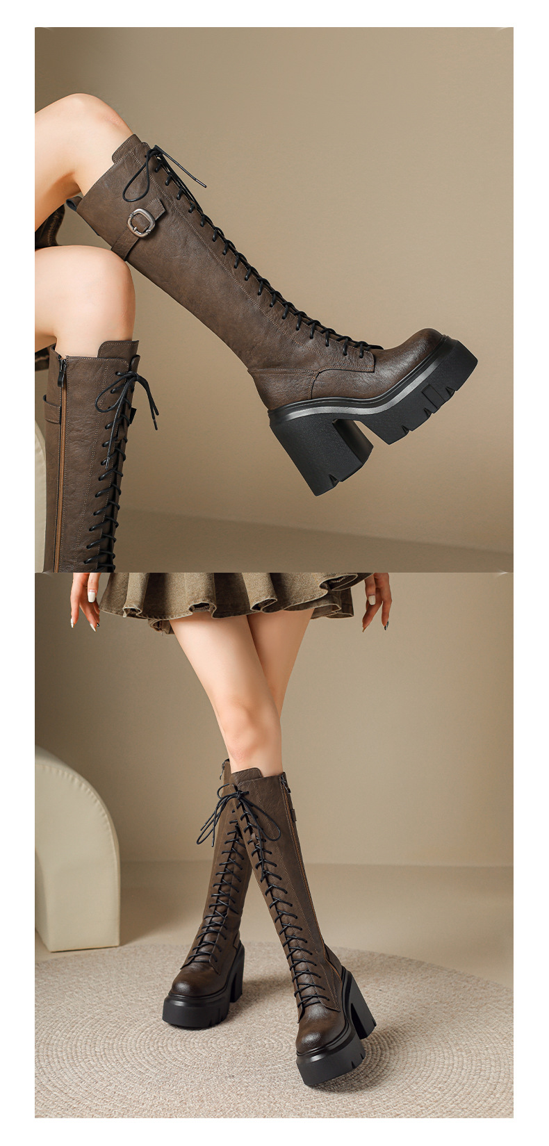 Boot nữ da thật cổ cao dây buộc gót 12 cm đế dày — Lót nhung đen chi tiết 2
