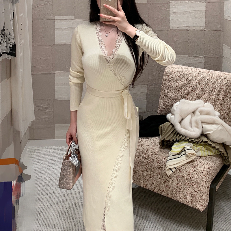 (2개) 히비스커스 원 이슈 올 매치 원피스 프랑스 우아한 레이스 레이스 울 블렌드 니트 원피스 여자 빈티지 틈새
