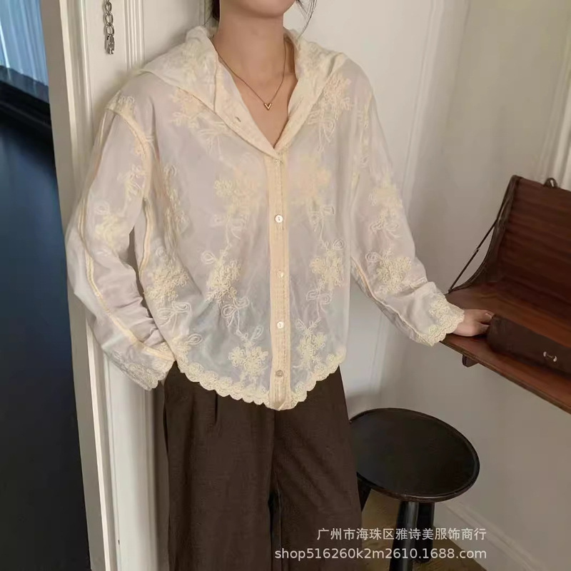 New Chinese Style High-End Lace Embroidered Cut Out Shirt for Women Autum New Style Loose Asymmetrical Long-Sleeved Top