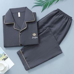 男性パジャマ春と秋の薄い雲綿の長袖の長ズボンは簡単でカジュアルな韓国の家庭服のスーツは外で着ることができます。
