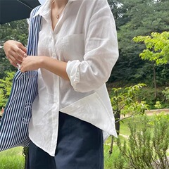 フランス綿麻白色日焼け止めシャツ女性夏日系長袖超薄型シャツゆったりとしたエアコン上着