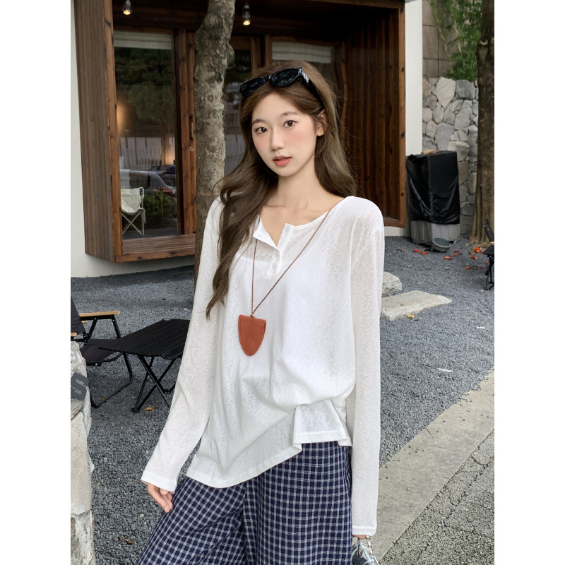 Slightly See-Through Long-Sleeved Sun Protection Blouse T-Shirt for Women 2025 Summer New Slimming Look Loose Lazy Basic Top